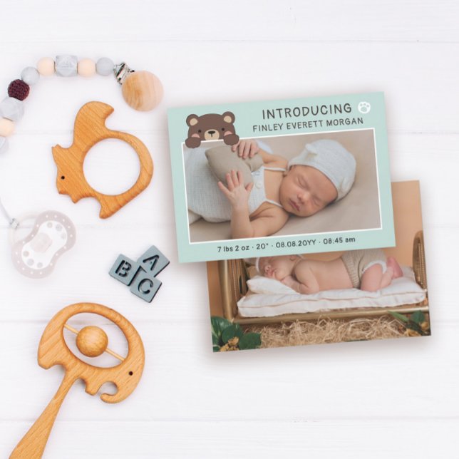 Pale Teal Cute Bear Introducing Baby Announcement (Creator Uploaded)
