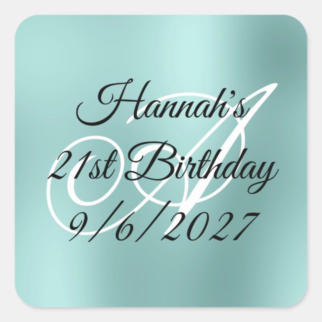 Pale Teal Glam Monogram 21st Birthday Square Sticker (Front)