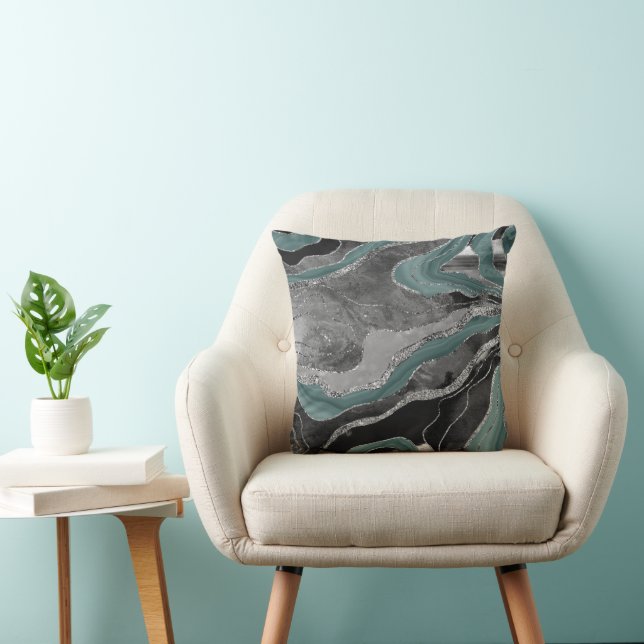 Pale Teal Grey Marble Agate Silver Glitter Glam #1 Cushion (Chair)