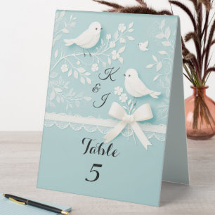 Pale Teal Romantic Lace & Birds Wedding Number