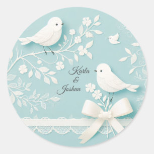 Pale Teal with Romantic Lace and Birds Wedding Classic Round Sticker