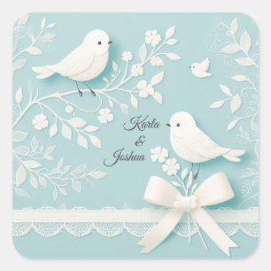 Pale Teal with Romantic Lace and Birds Wedding  Square Sticker