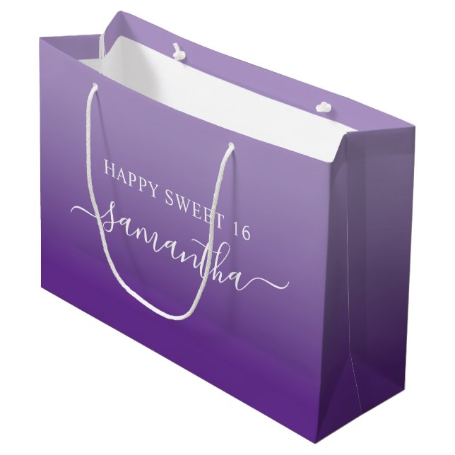 Pale to Royal Purple Elegant Script Signature Name Large Gift Bag (Front Angled)