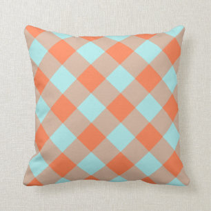 Pale Turquoise Coral Gingham Cushion