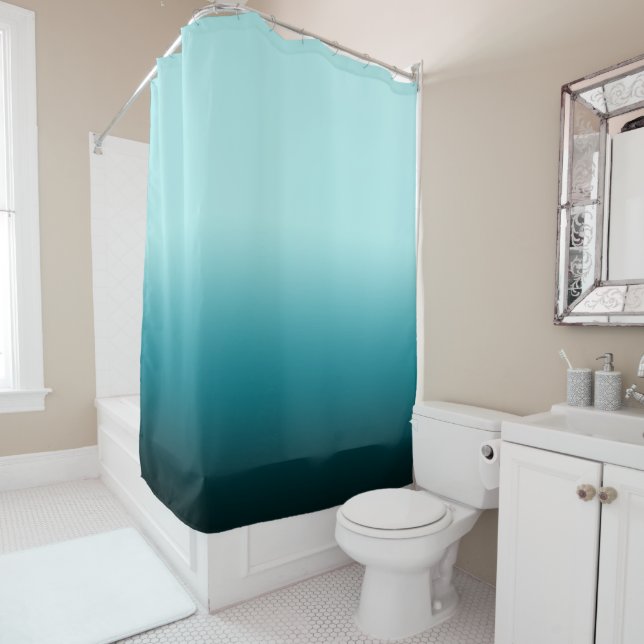 Pale Turquoise Dark Blue Teal Colour Block Ombre Shower Curtain (In Situ)