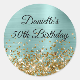 Pale Turquoise Foil Gold Glitter 50th Birthday Classic Round Sticker