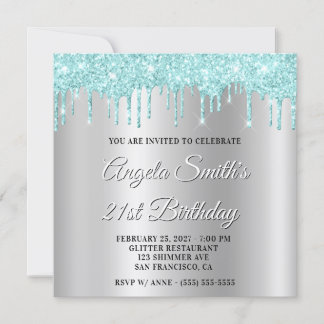 Pale Turquoise Glitter Drips Silver Drop Shadow Invitation