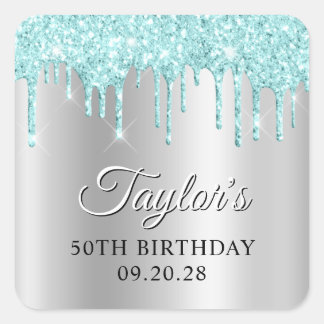 Pale Turquoise Glitter Drips Silver Drop Shadow Square Sticker