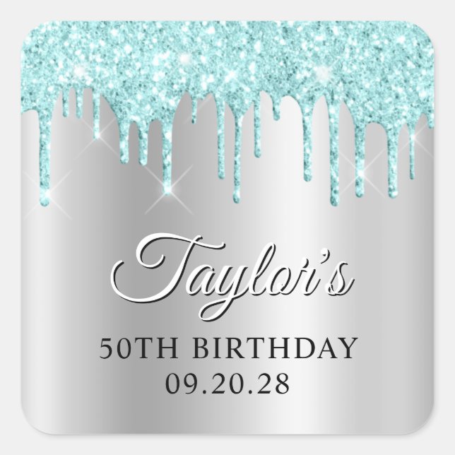 Pale Turquoise Glitter Drips Silver Drop Shadow Square Sticker (Front)