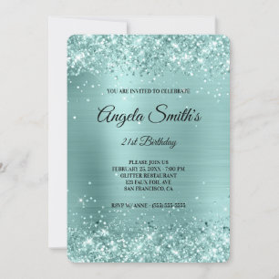 Pale Turquoise Glitter Foil Fancy Monogram Invitation