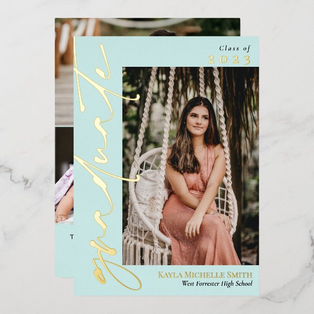 Pale Turquoise Gold Calligraphy Photo Graduation (Front/Back)