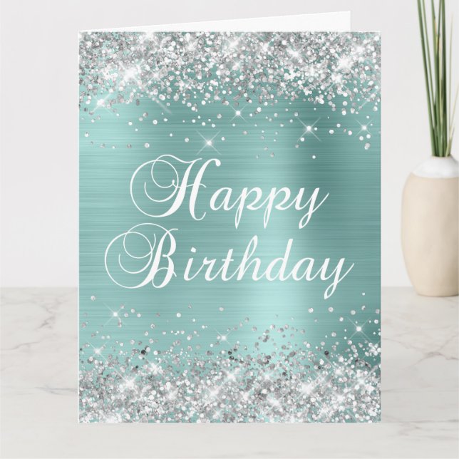 Pale Turquoise Silver Glitter Big Happy Birthday Card (Front)