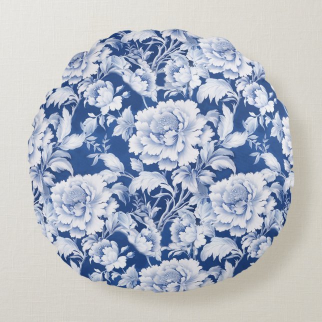 Pale white/blue repeat rose pattern  round cushion (Front)