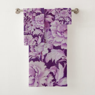 Pale White/Violet repeat rose pattern  Bath Towel Set