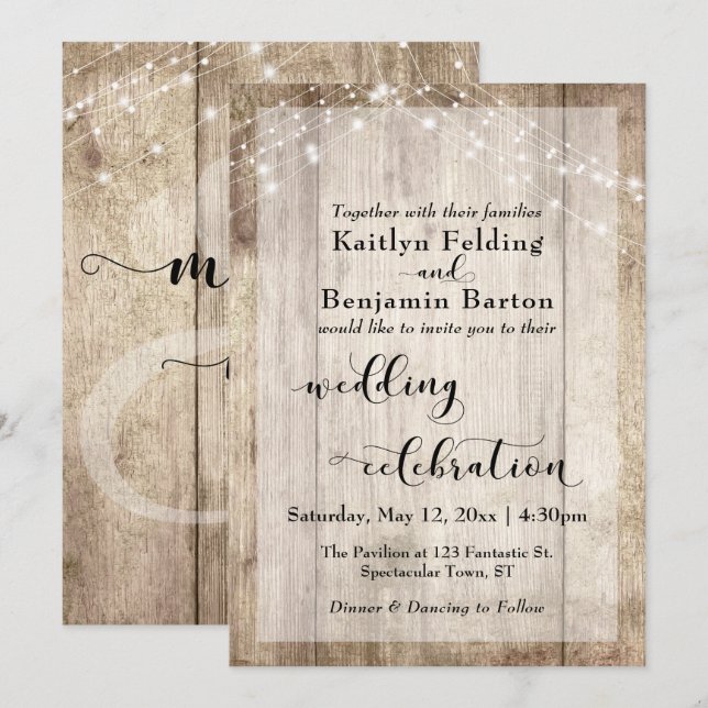 Pale Wood Lights Wedding Celebration Calligraphy Invitation (Front/Back)