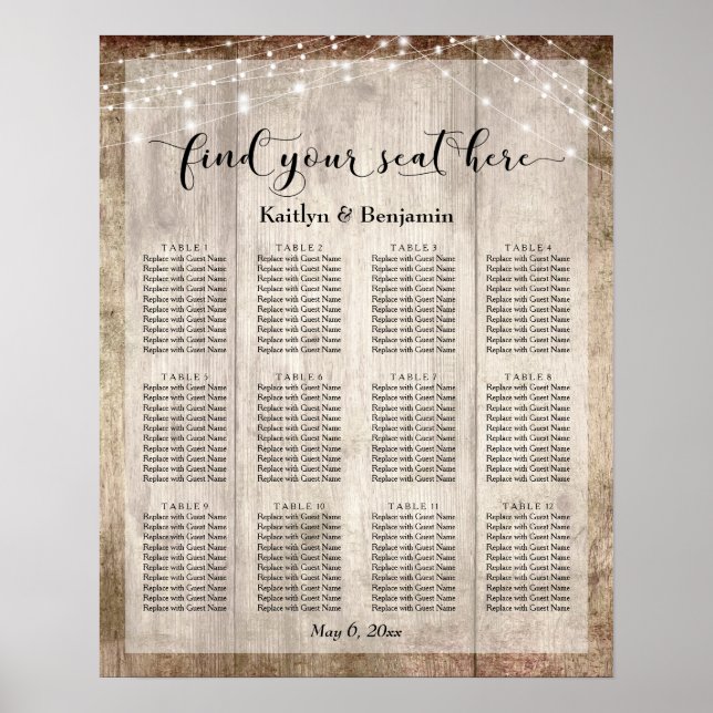 Pale Wood & Lights Wedding Reception Seating Chart (Front)