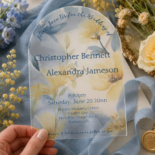Pale Yellow and Blue Watercolor Floral Wedding Acrylic Invitations