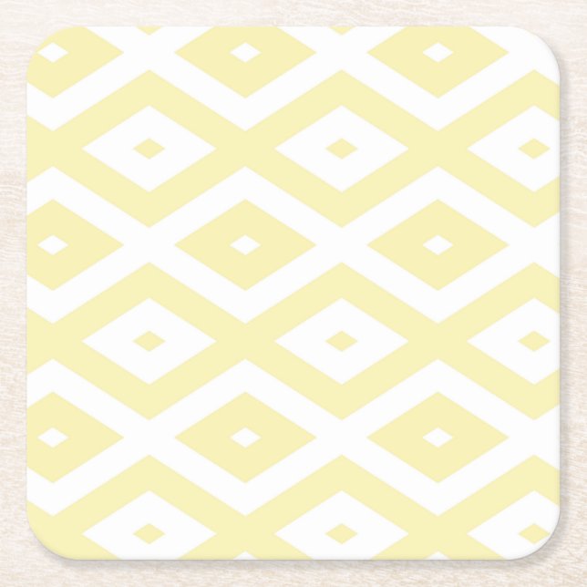 Pale yellow and white diamond pattern square paper coaster (Front)