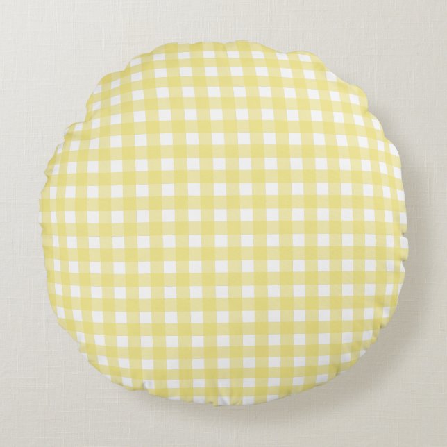 Pale yellow and white gingham round cushion (Front)