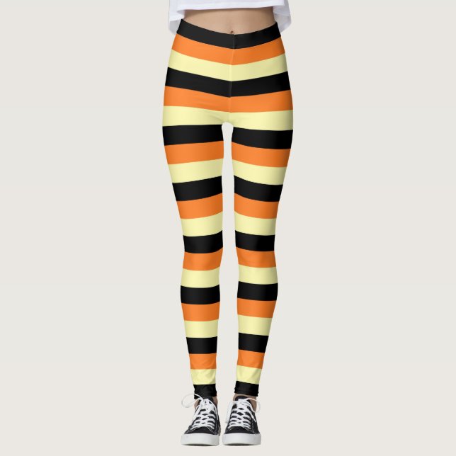 Pale Yellow, Black and Orange Stripes Leggings (Front)