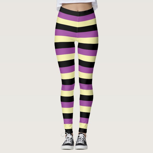 Pale Yellow, Black and Purple Stripes Leggings (Front)