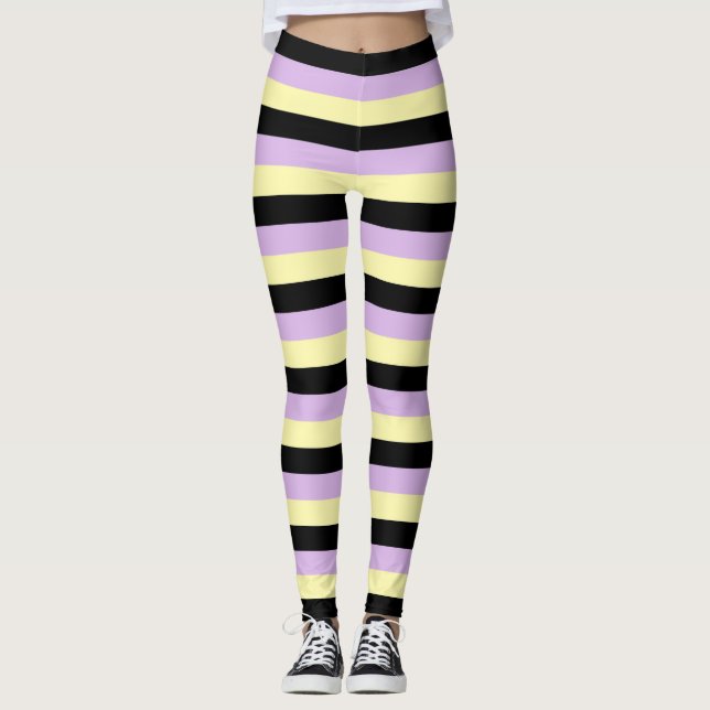 Pale Yellow, Black and Soft Purple Stripes Leggings (Front)