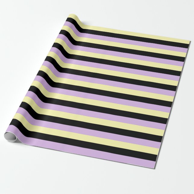 Pale Yellow, Black and Soft Purple Stripes Wrapping Paper (Unrolled)