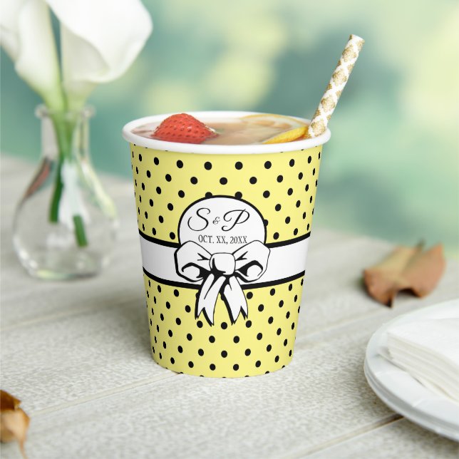 Pale Yellow Black Polka Dot White Bow Personalised Paper Cups (Insitu)