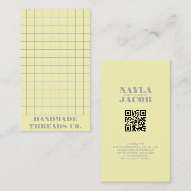 Pale Yellow Chequered Pattern QR Code Business Card (Front/Back)