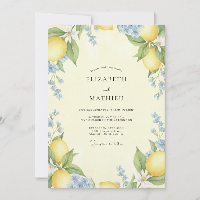 Pale Yellow Citrus Eucalyptus Wedding Invitation (Front)