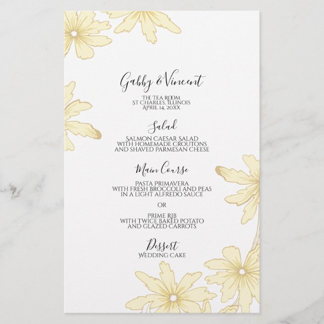 Pale Yellow Daisies Wedding Menu (Front)