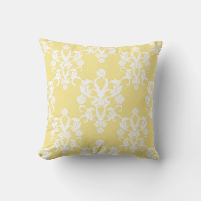 Pale Yellow Damask Vintage Style Shabby Cushion (Front)