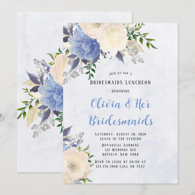 Pale Yellow Dusty Blue Peony Bridesmaids Luncheon Invitation (Front/Back)