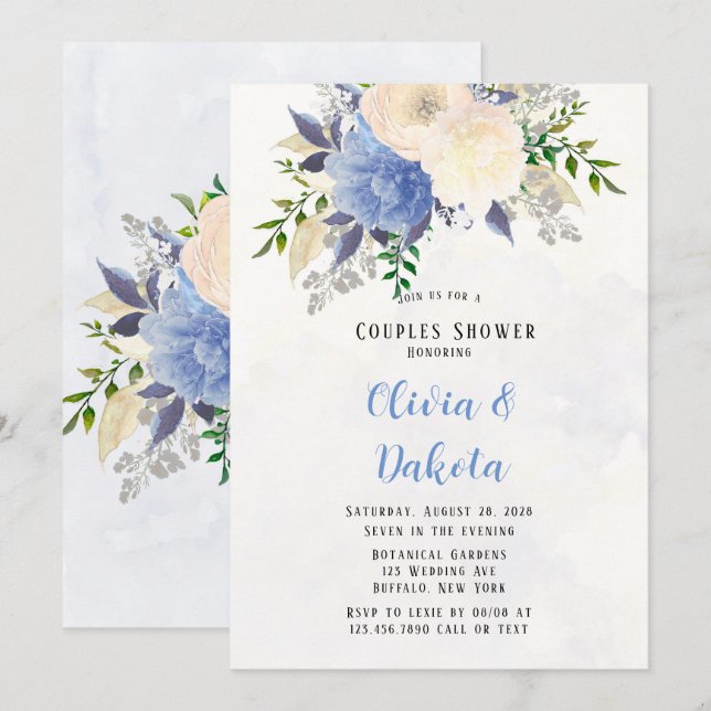 Pale Yellow Dusty Blue Peony Floral Couples Shower Invitation (Front/Back)