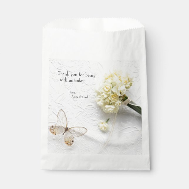 Pale yellow flowers with butterfly favour bags (Front)