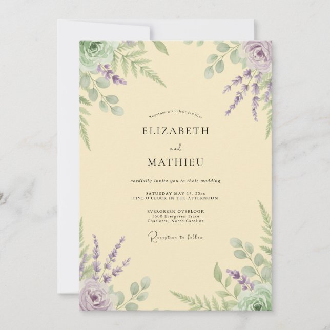 Pale Yellow Lavender Eucalyptus Wedding Invitation (Front)