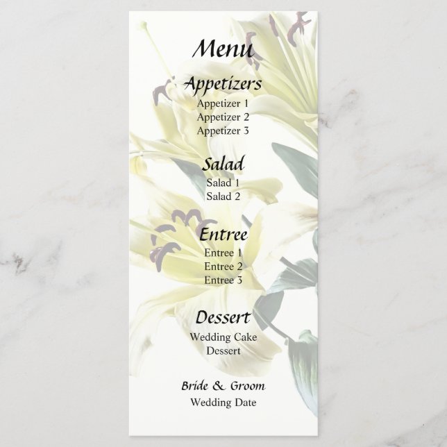Pale Yellow Lilies With Leaves Menu (Front)