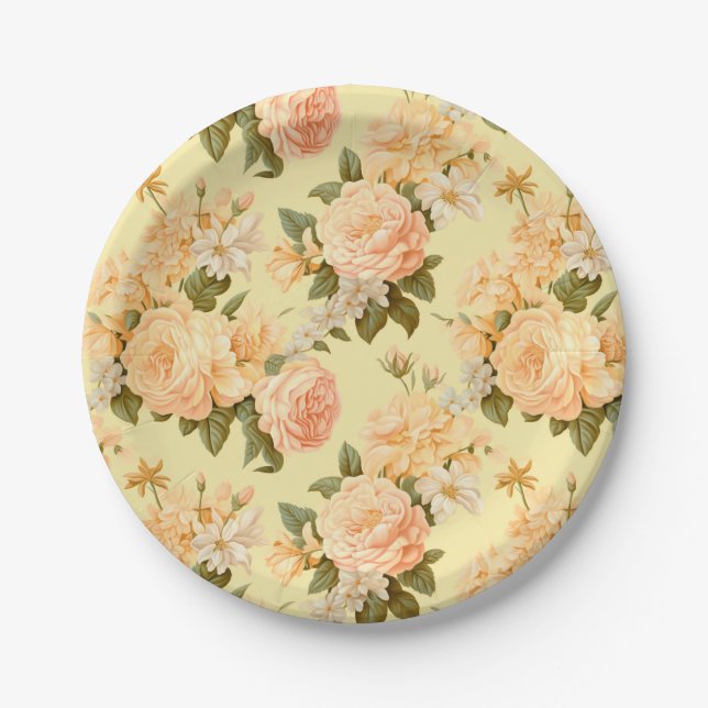 Pale yellow peach flowers paper plate (Front)