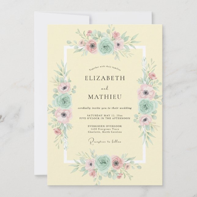 Pale Yellow Pink Anemone Wedding Invitation (Front)