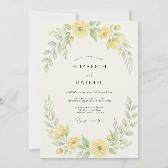 Pale Yellow Ranunculus Grey Eucalyptus Wedding Invitation (Front)