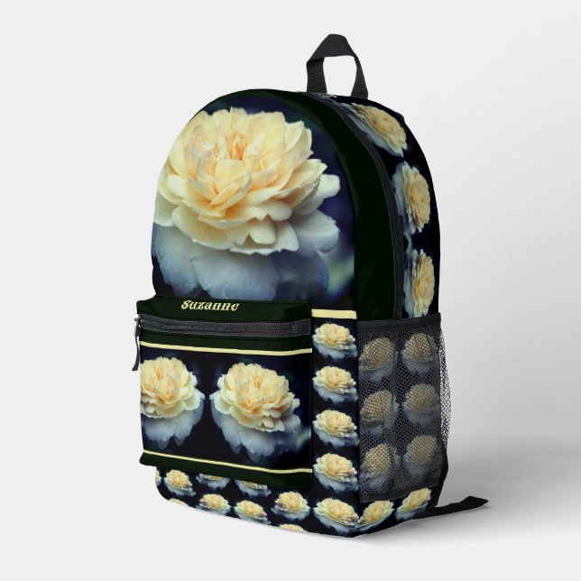 Pale Yellow Rose In Bloom Mirror Personalised Printed Backpack (Back Corner Right)