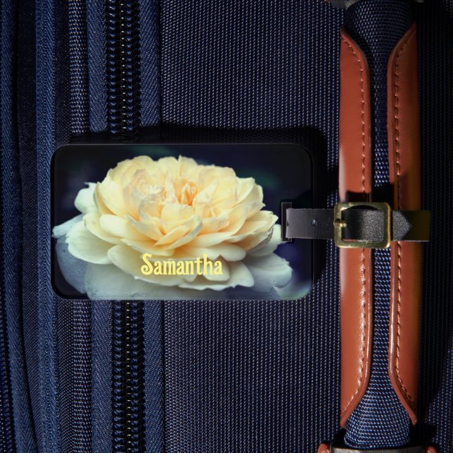 Pale Yellow Rose In Bloom Personalised Luggage Tag (Front Insitu 4)