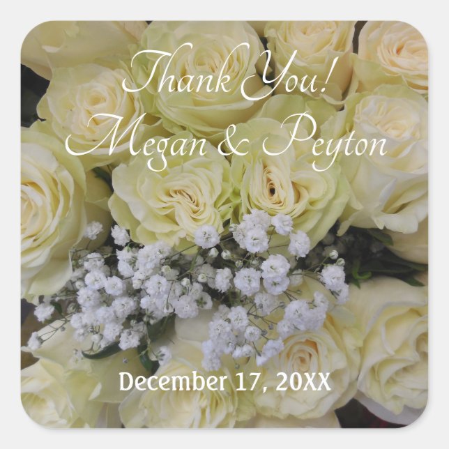 Pale Yellow Roses Bouquet, Wedding Thank You, DIY Square Sticker (Front)