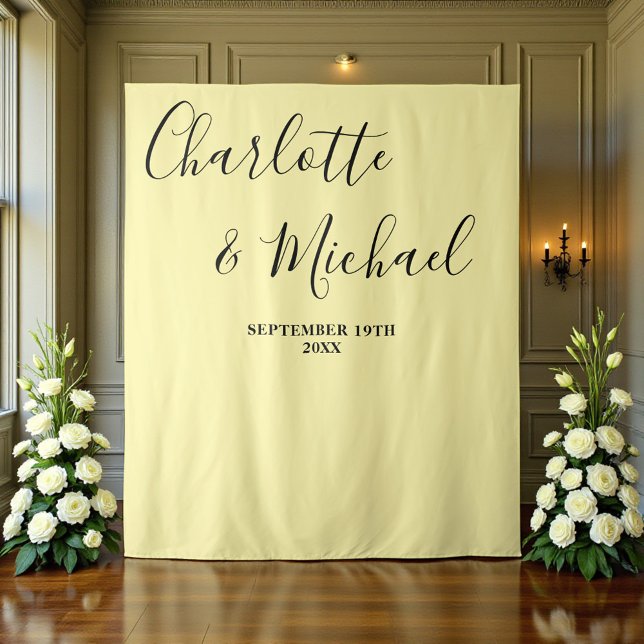 Pale Yellow Script Minimalist Wedding Backdrop Tapestry (Creator Uploaded)