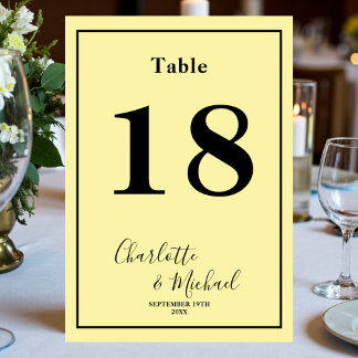 Pale Yellow Script Minimalist Wedding Table Number