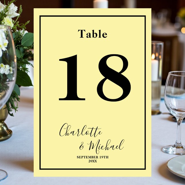 Pale Yellow Script Minimalist Wedding Table Number (Creator Uploaded)