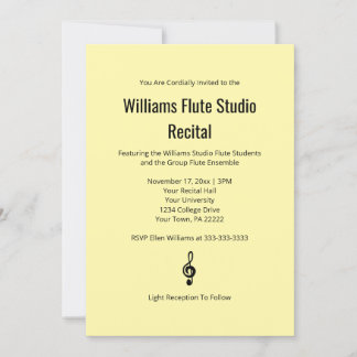 Pale Yellow Simple Treble Clef Flute Music Recital Invitation