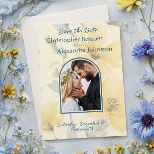 Pale Yellow Soft Blue Watercolor Floral Wedding Save The Date