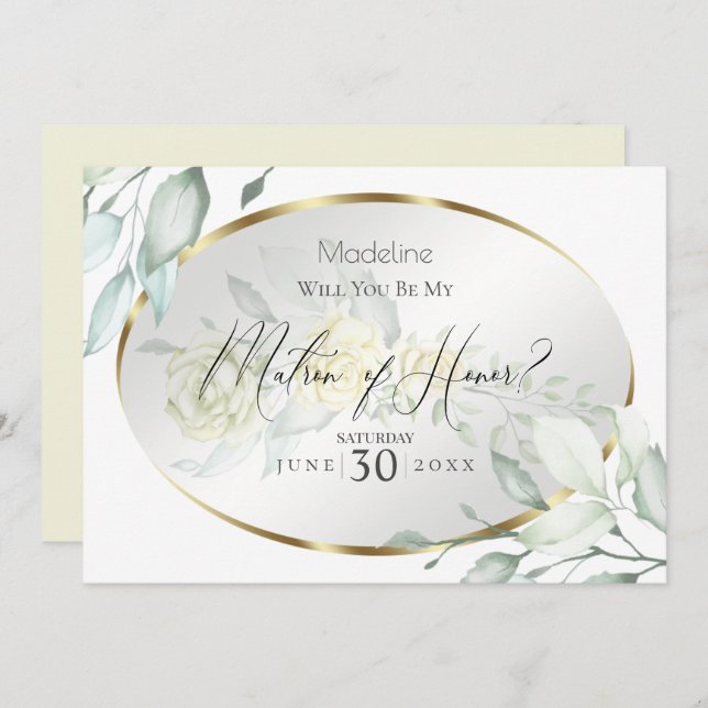 Pale Yellow Watercolor Roses Matron of Honour Invitation (Front/Back)