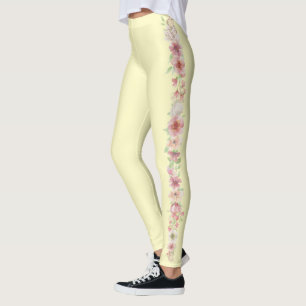 Pale Yellow With Floral Stripe on Sides Leggings